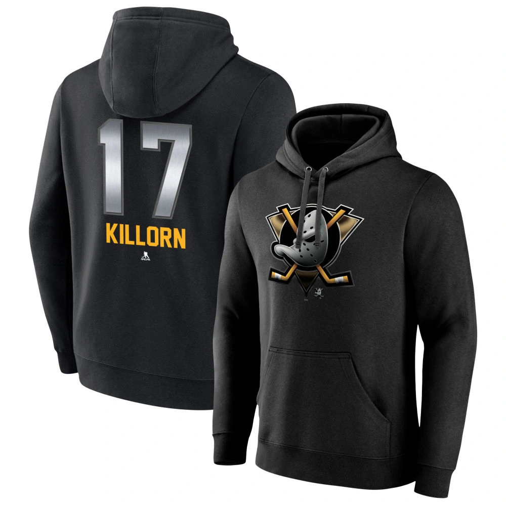 Men's Anaheim Ducks Black Midnight Mascot Logo Alex Killorn #17 Player Pullover Hoodie Men's Anaheim Ducks Black Midnight Mascot Logo Alex Killorn #17 Player Pullover Hoodie