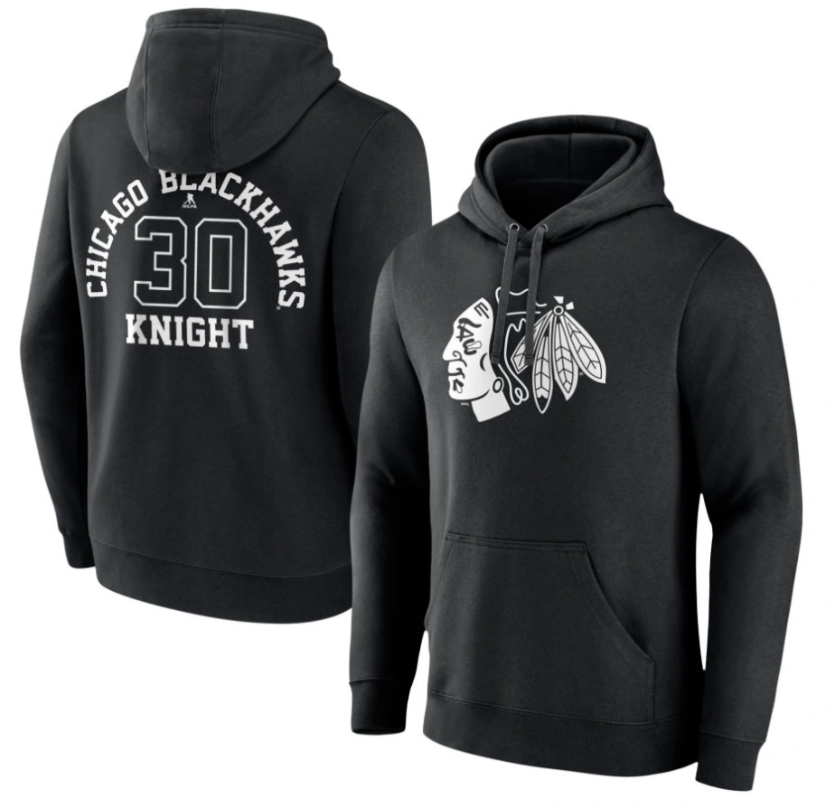 Men's Chicago Blackhawks Black Monochrome Spencer Knight Player Pullover Hoodie Men's Chicago Blackhawks Black Monochrome Spencer Knight Player Pullover Hoodie