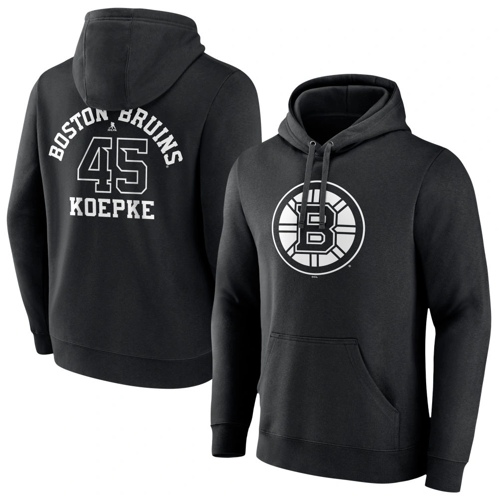 Men's Boston Bruins Black Monochrome Cole Koepke #45 Player Pullover Hoodie Men's Boston Bruins Black Monochrome Cole Koepke #45 Player Pullover Hoodie