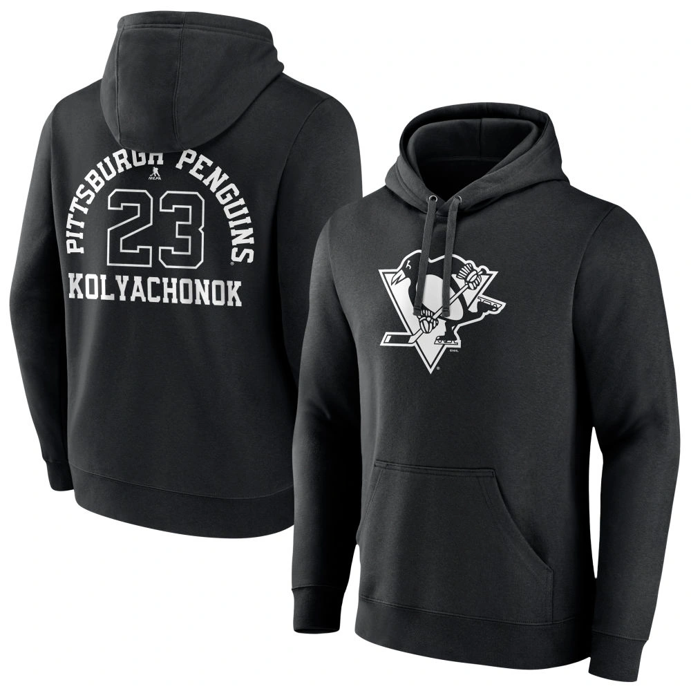 Men's Pittsburgh Penguins Black Monochrome Vladislav Kolyachonok Player Pullover Hoodie Men's Pittsburgh Penguins Black Monochrome Vladislav Kolyachonok Player Pullover Hoodie