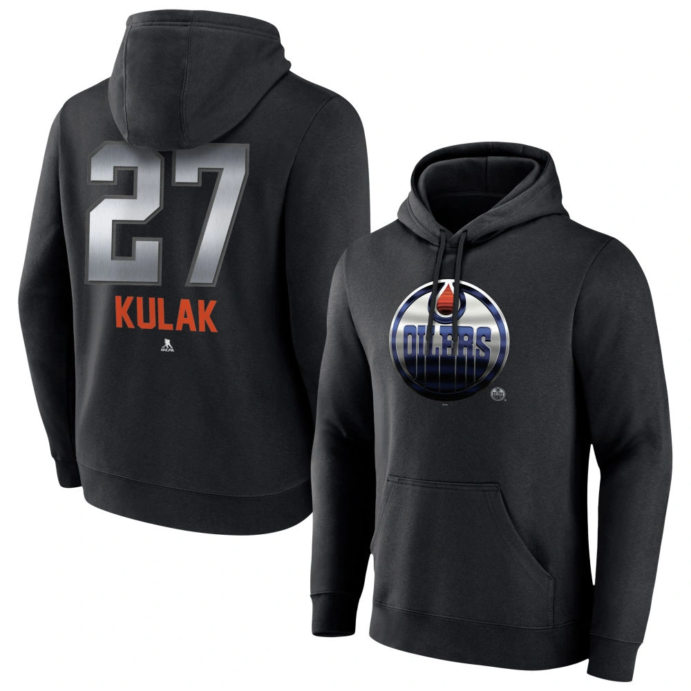 Men's Edmonton Oilers Black Midnight Mascot Logo Brett Kulak Player Pullover Hoodie Men's Edmonton Oilers Black Midnight Mascot Logo Brett Kulak Player Pullover Hoodie