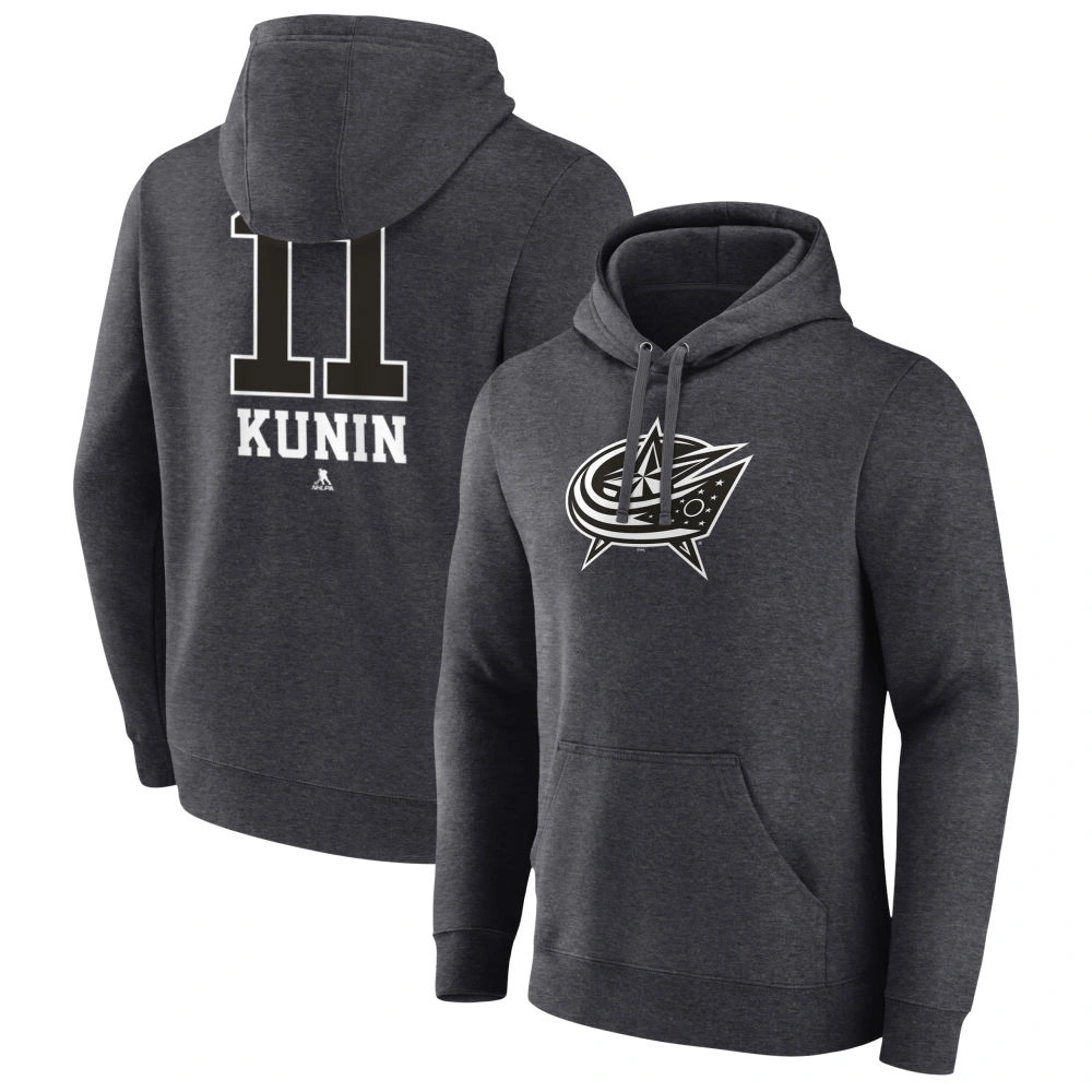 Men's Columbus Blue Jackets Charcoal Monochrome Luke Kunin Player Pullover Hoodie