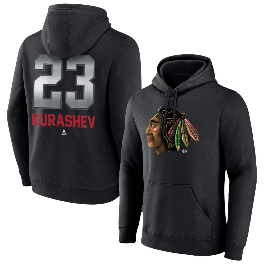 Men's Chicago Blackhawks Black Midnight Mascot Logo Philipp Kurashev Player Pullover Hoodie Men's Chicago Blackhawks Black Midnight Mascot Logo Philipp Kurashev Player Pullover Hoodie