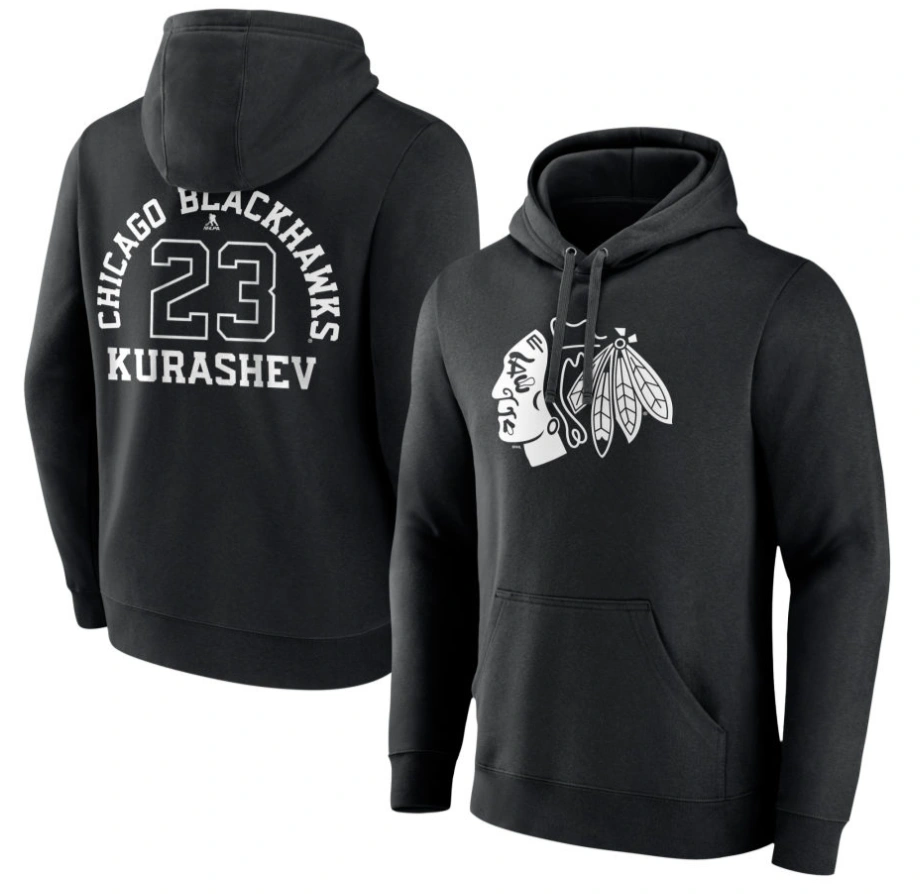 Men's Chicago Blackhawks Black Monochrome Philipp Kurashev Player Pullover Hoodie Men's Chicago Blackhawks Black Monochrome Philipp Kurashev Player Pullover Hoodie
