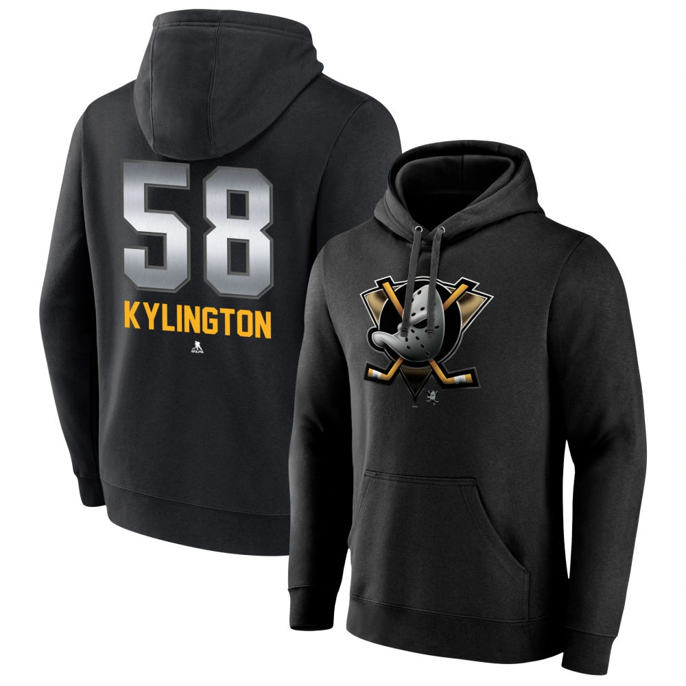 Youth Anaheim Ducks Black Midnight Mascot Logo Oliver Kylington #58 Pullover Hoodie Youth Anaheim Ducks Black Midnight Mascot Logo Oliver Kylington #58 Pullover Hoodie