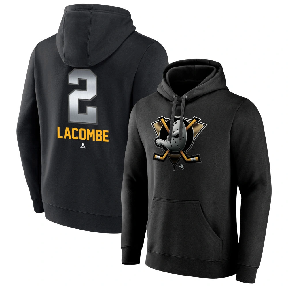 Men's Anaheim Ducks Black Midnight Mascot Logo Jackson LaCombe #2 Player Pullover Hoodie