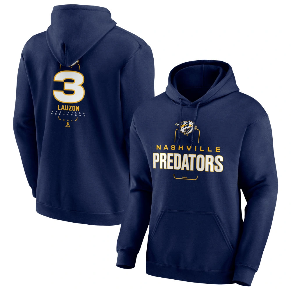 Men's Nashville Predators Navy Midfielder Jeremy Lauzon Player Pullover Hoodie Men's Nashville Predators Navy Midfielder Jeremy Lauzon Player Pullover Hoodie