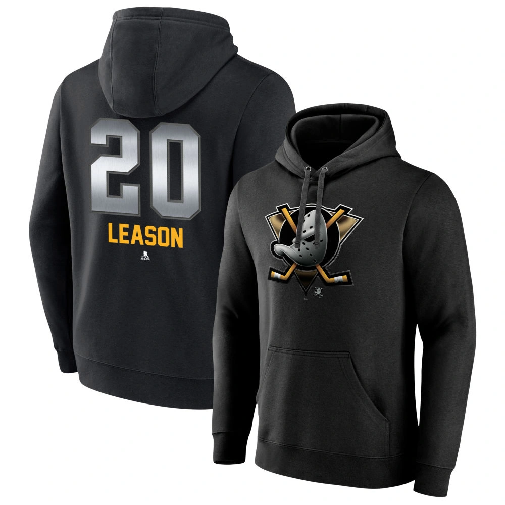 Men's Anaheim Ducks Black Midnight Mascot Logo Brett Leason #20 Player Pullover Hoodie Men's Anaheim Ducks Black Midnight Mascot Logo Brett Leason #20 Player Pullover Hoodie