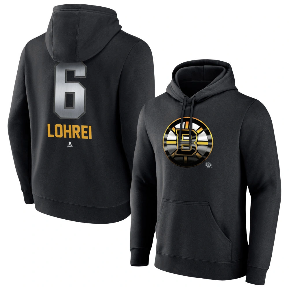 Youth Boston Bruins Black Midnight Mascot Logo Mason Lohrei #6 Pullover Hoodie Youth Boston Bruins Black Midnight Mascot Logo Mason Lohrei #6 Pullover Hoodie