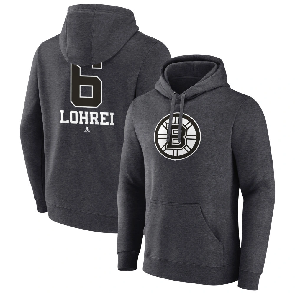 Youth Boston Bruins Charcoal Monochrome Mason Lohrei #6 Pullover Hoodie Youth Boston Bruins Charcoal Monochrome Mason Lohrei #6 Pullover Hoodie
