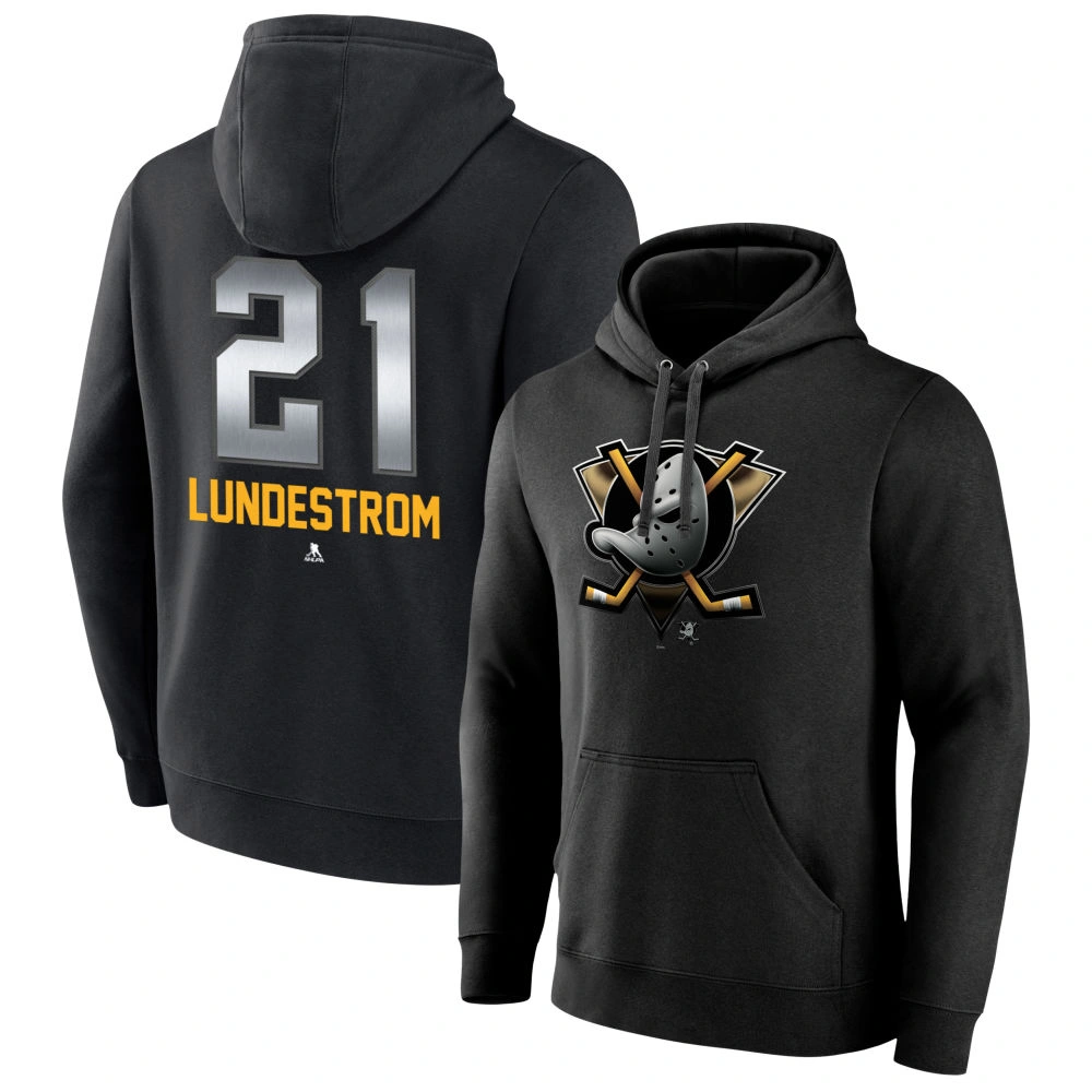 Men's Anaheim Ducks Black Midnight Mascot Logo Isac Lundestrom #21 Player Pullover Hoodie Men's Anaheim Ducks Black Midnight Mascot Logo Isac Lundestrom #21 Player Pullover Hoodie