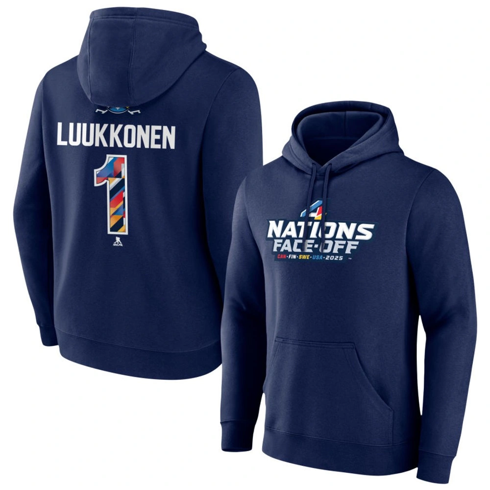 Men's 2025 Four Nations Face-Off Ukko Luukkonen 1 Pullover Hoodie - Navy Men's 2025 Four Nations Face-Off Ukko Luukkonen 1 Pullover Hoodie - Navy