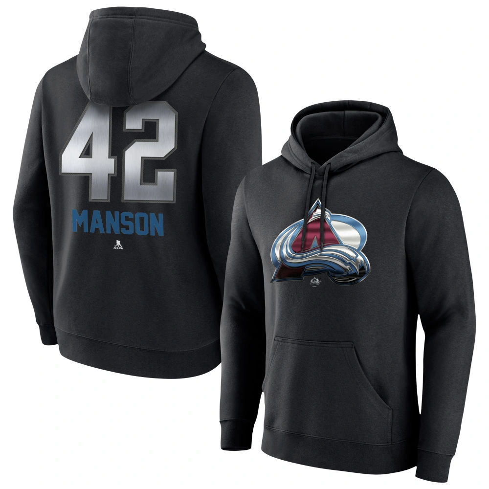 Men's Colorado Avalanche Black Midnight Mascot Logo Josh Manson Player Pullover Hoodie