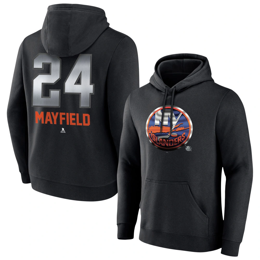 Men's New York Islanders Black Midnight Mascot Logo Scott Mayfield Player Pullover Hoodie Men's New York Islanders Black Midnight Mascot Logo Scott Mayfield Player Pullover Hoodie