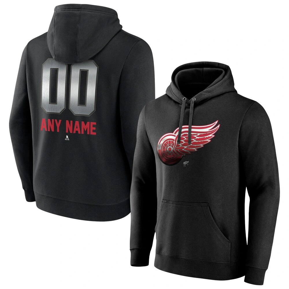 Men's Detroit Red Wings Black Midnight Mascot Logo Customized Player Pullover Hoodie