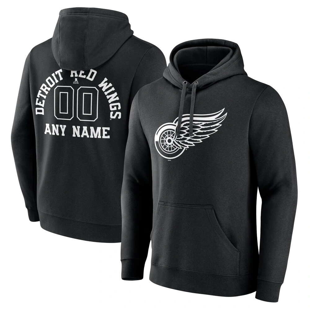 Men's Detroit Red Wings Black Monochrome Customized Player Pullover Hoodie