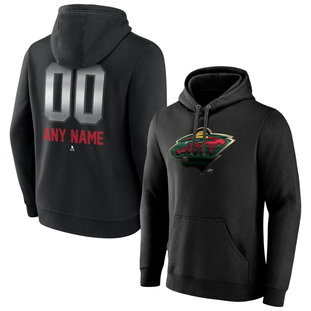 Men's Minnesota Wild Black Midnight Mascot Logo Customized Player Pullover Hoodie Men's Minnesota Wild Black Midnight Mascot Logo Customized Player Pullover Hoodie
