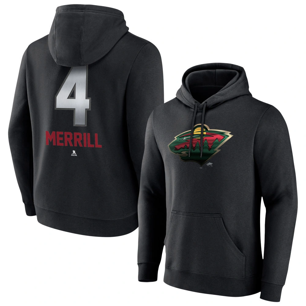 Men's Minnesota Wild Black Midnight Mascot Logo Jon Merrill Player Pullover Hoodie Men's Minnesota Wild Black Midnight Mascot Logo Jon Merrill Player Pullover Hoodie