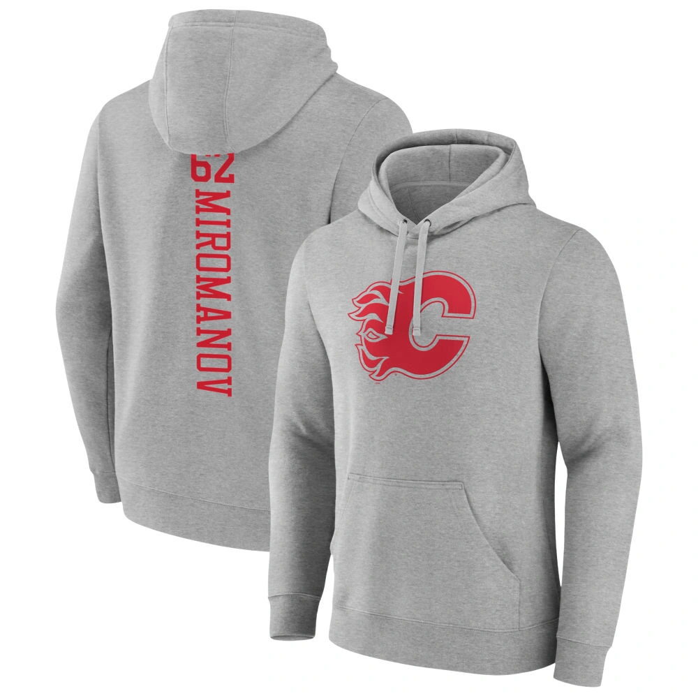 Men's Calgary Flames Heather Gray Daniil Miromanov Player Pullover Hoodie Men's Calgary Flames Heather Gray Daniil Miromanov Player Pullover Hoodie