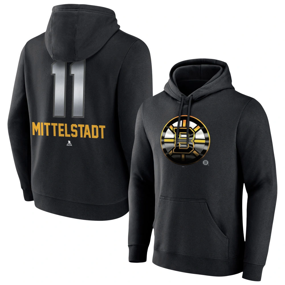 Youth Boston Bruins Black Midnight Mascot Logo Casey Mittelstadt #11 Pullover Hoodie Youth Boston Bruins Black Midnight Mascot Logo Casey Mittelstadt #11 Pullover Hoodie