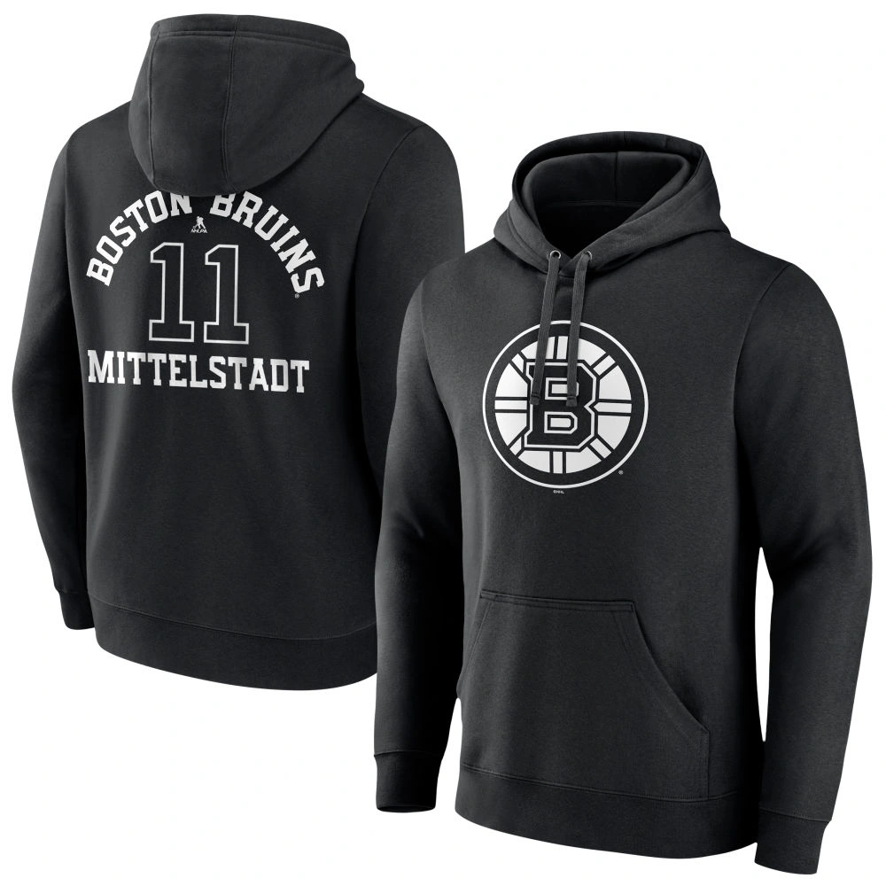 Men's Boston Bruins Black Monochrome Casey Mittelstadt #11 Player Pullover Hoodie