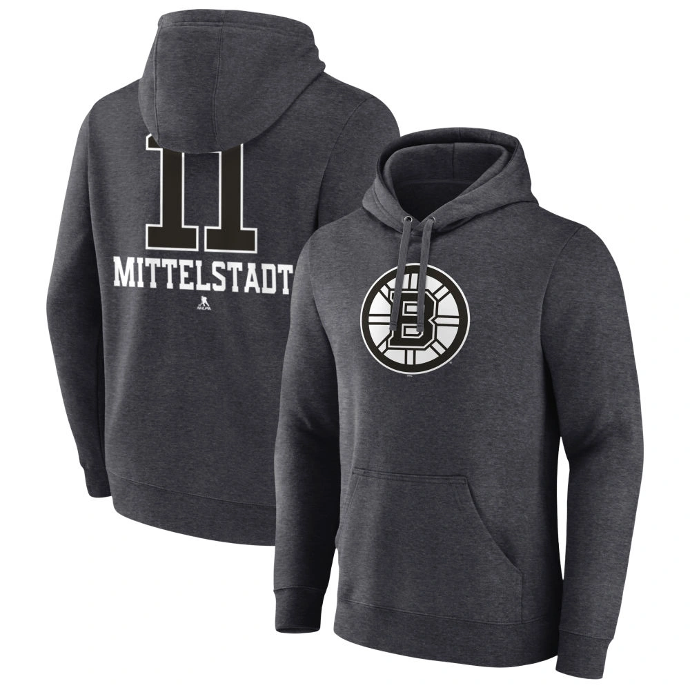 Youth Boston Bruins Charcoal Monochrome Casey Mittelstadt #11 Pullover Hoodie Youth Boston Bruins Charcoal Monochrome Casey Mittelstadt #11 Pullover Hoodie