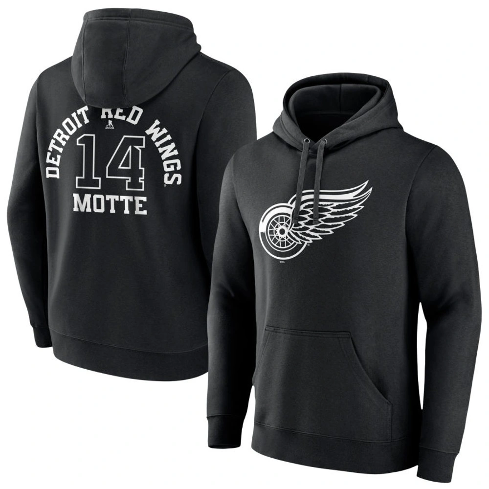 Men's Detroit Red Wings Black Monochrome Tyler Motte Player Pullover Hoodie Men's Detroit Red Wings Black Monochrome Tyler Motte Player Pullover Hoodie