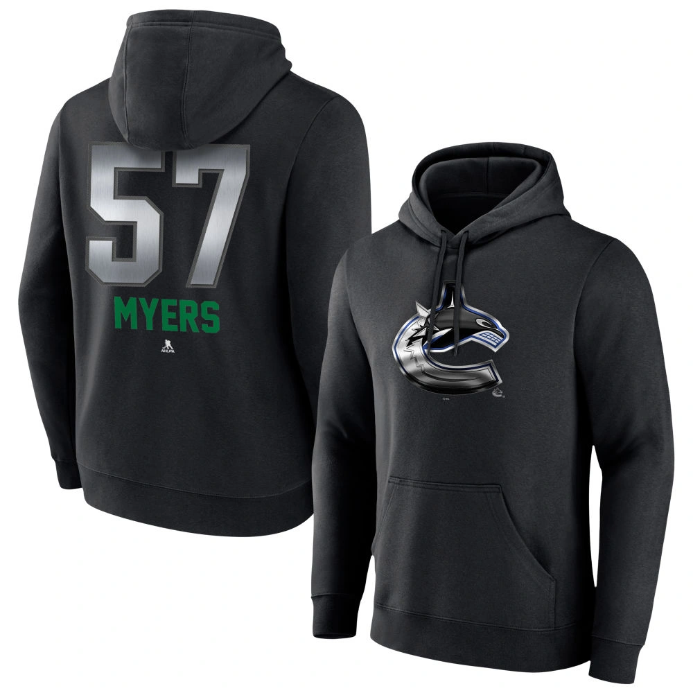Men's Vancouver Canucks Black Midnight Mascot Logo Tyler Myers Player Pullover Hoodie Men's Vancouver Canucks Black Midnight Mascot Logo Tyler Myers Player Pullover Hoodie