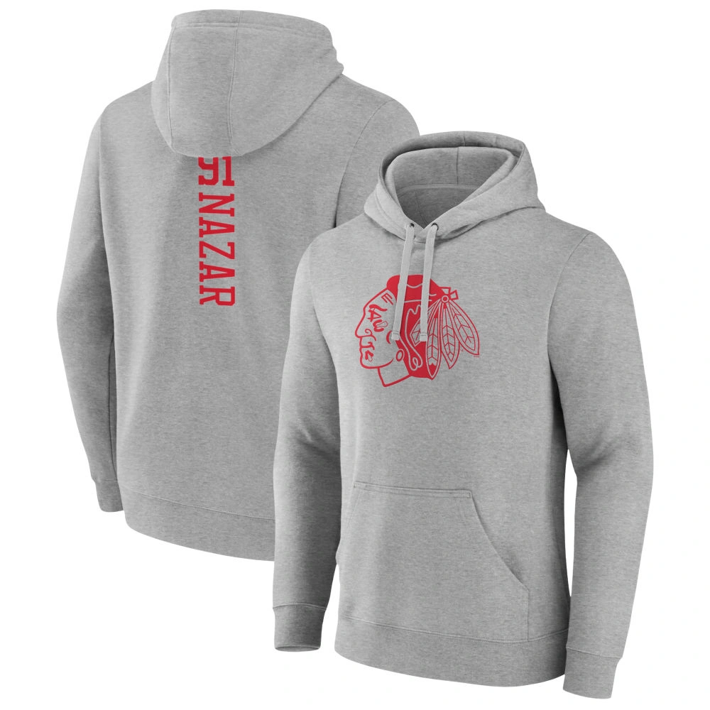 Men's Chicago Blackhawks Heather Gray Frank Nazar Player Pullover Hoodie Men's Chicago Blackhawks Heather Gray Frank Nazar Player Pullover Hoodie