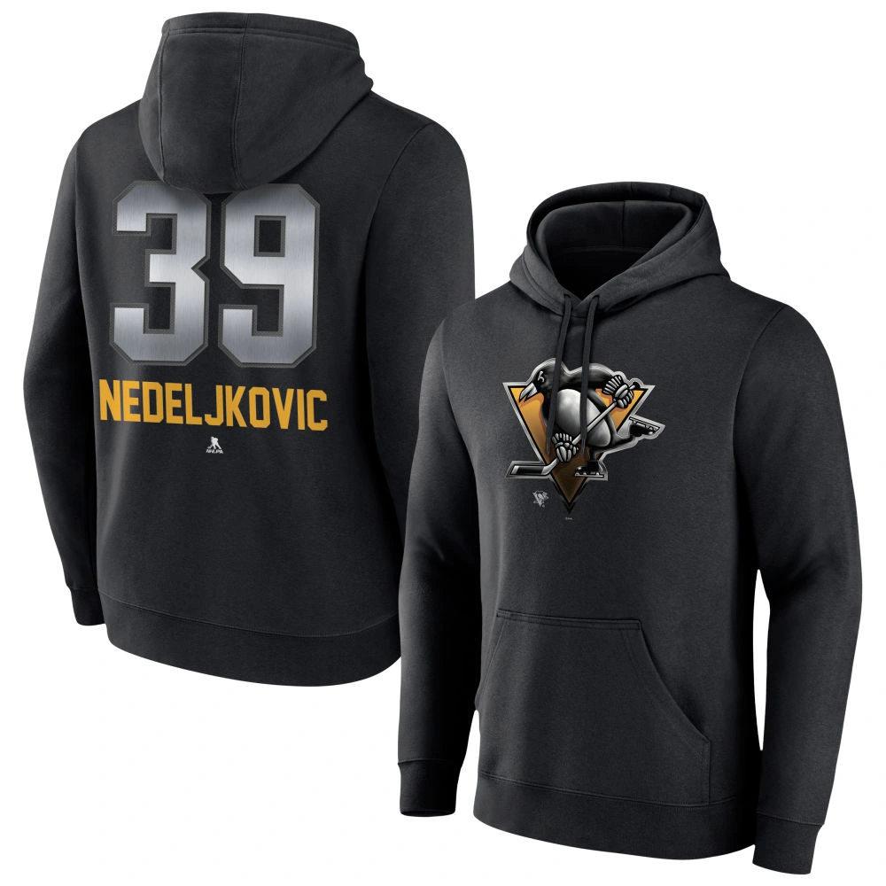 Men's Pittsburgh Penguins Black Midnight Mascot Logo Alex Nedeljkovic Player Pullover Hoodie Men's Pittsburgh Penguins Black Midnight Mascot Logo Alex Nedeljkovic Player Pullover Hoodie