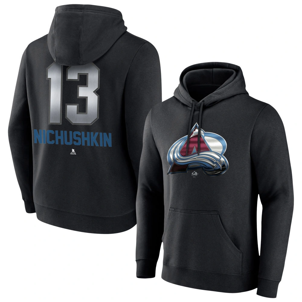Men's Colorado Avalanche Black Midnight Mascot Logo Valeri Nichushkin Player Pullover Hoodie Men's Colorado Avalanche Black Midnight Mascot Logo Valeri Nichushkin Player Pullover Hoodie