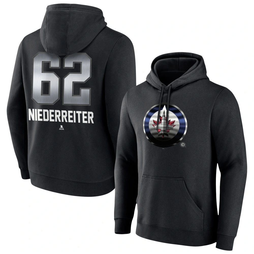 Men's Winnipeg Jets Black Midnight Mascot Logo Nino Niederreiter Player Pullover Hoodie