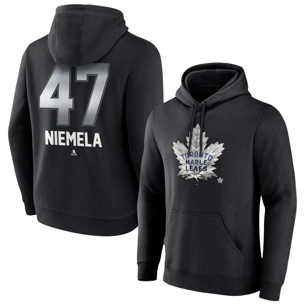 Men's Toronto Maple Leafs Black Midnight Mascot Logo Topi Niemela Player Pullover Hoodie Men's Toronto Maple Leafs Black Midnight Mascot Logo Topi Niemela Player Pullover Hoodie