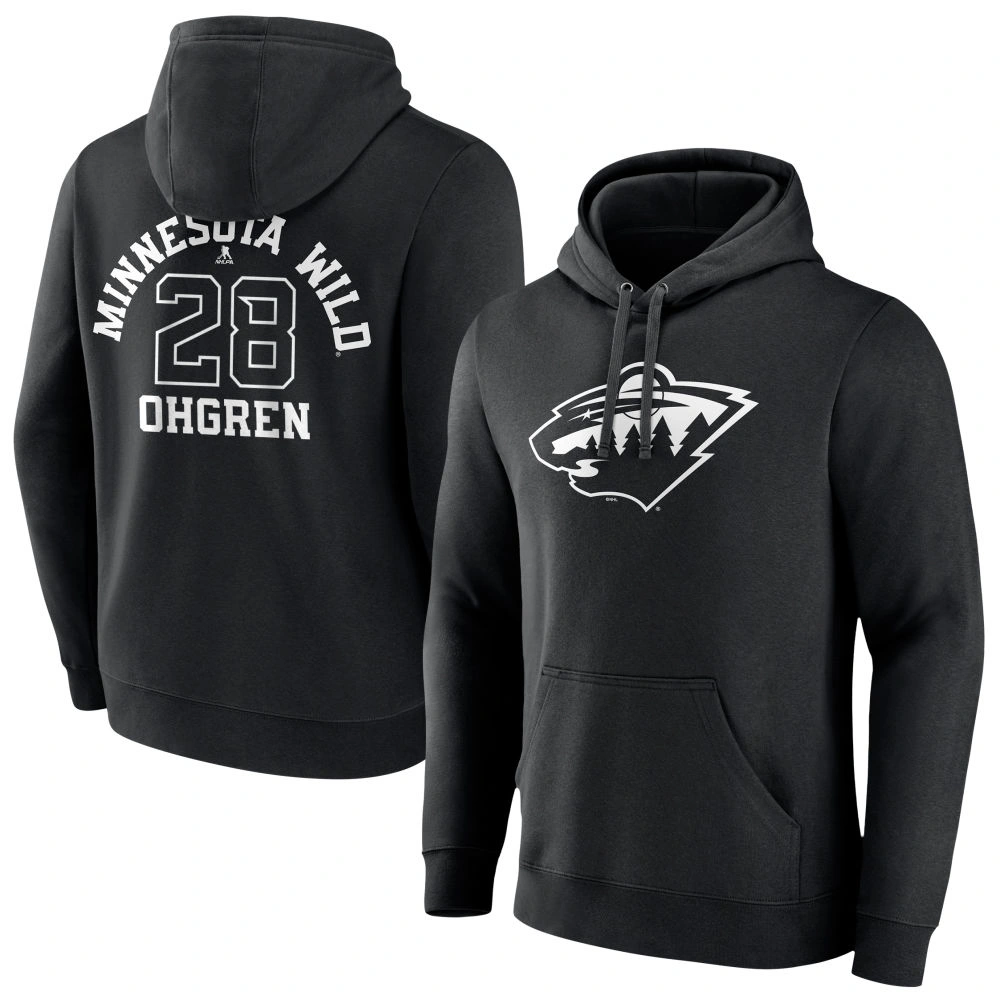Men's Minnesota Wild Black Monochrome Liam Ohgren Player Pullover Hoodie