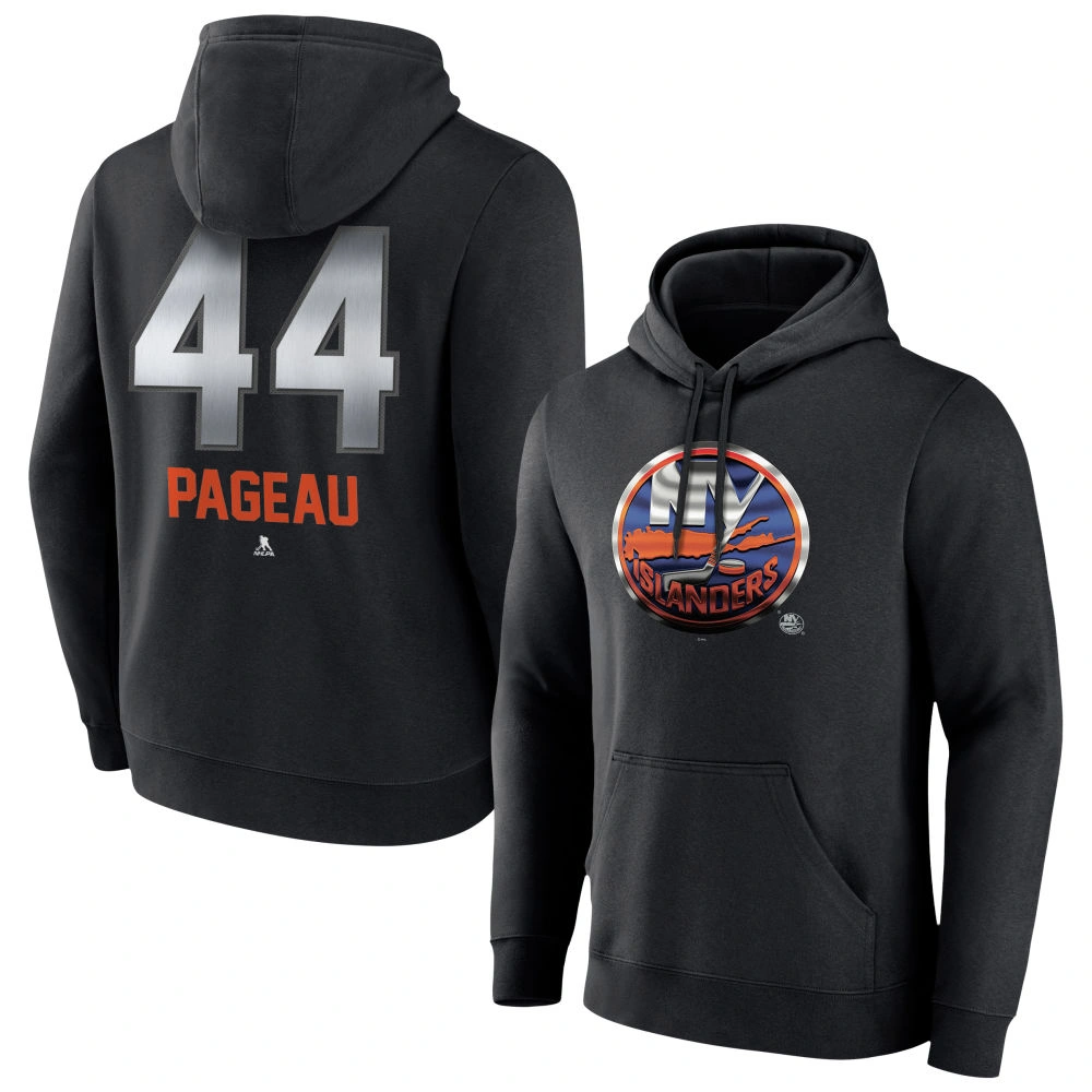 Men's New York Islanders Black Midnight Mascot Logo Jean Pageau 44 Player Pullover Hoodie Men's New York Islanders Black Midnight Mascot Logo Jean Pageau 44 Player Pullover Hoodie