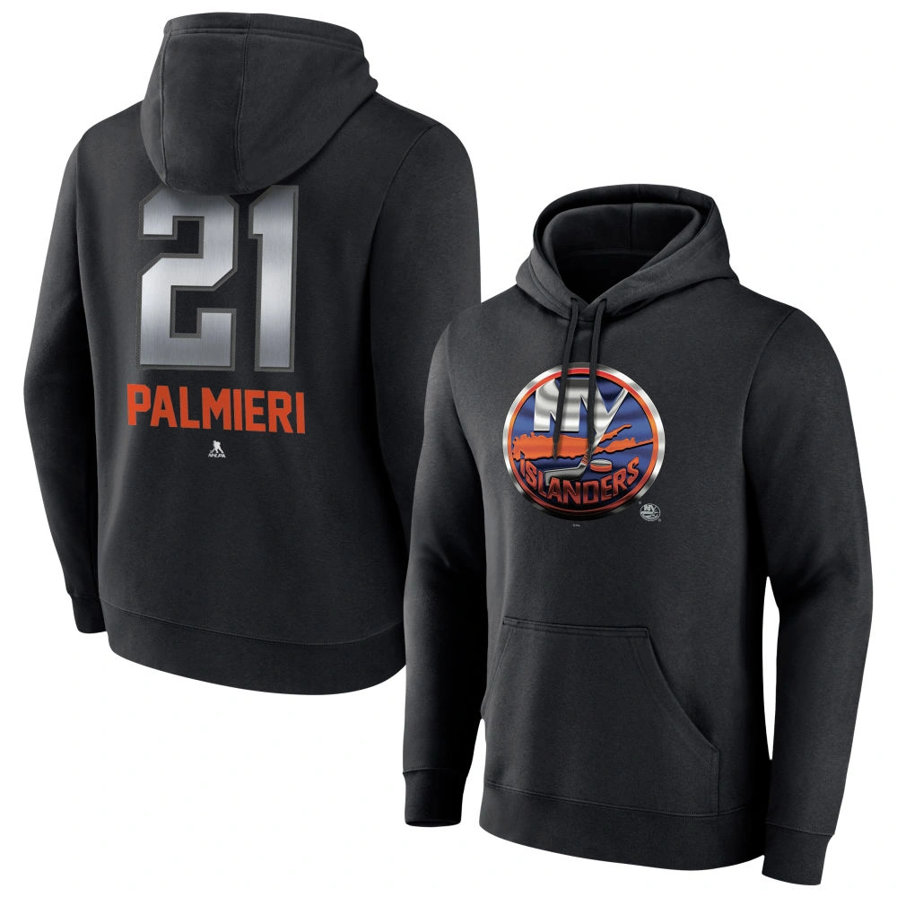 Men's New York Islanders Black Midnight Mascot Logo Kyle Palmieri Player Pullover Hoodie Men's New York Islanders Black Midnight Mascot Logo Kyle Palmieri Player Pullover Hoodie