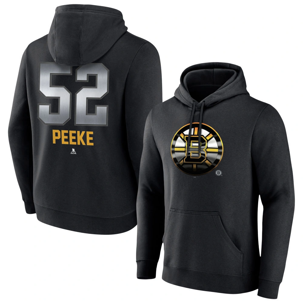 Youth Boston Bruins Black Midnight Mascot Logo Andrew Peeke #52 Pullover Hoodie