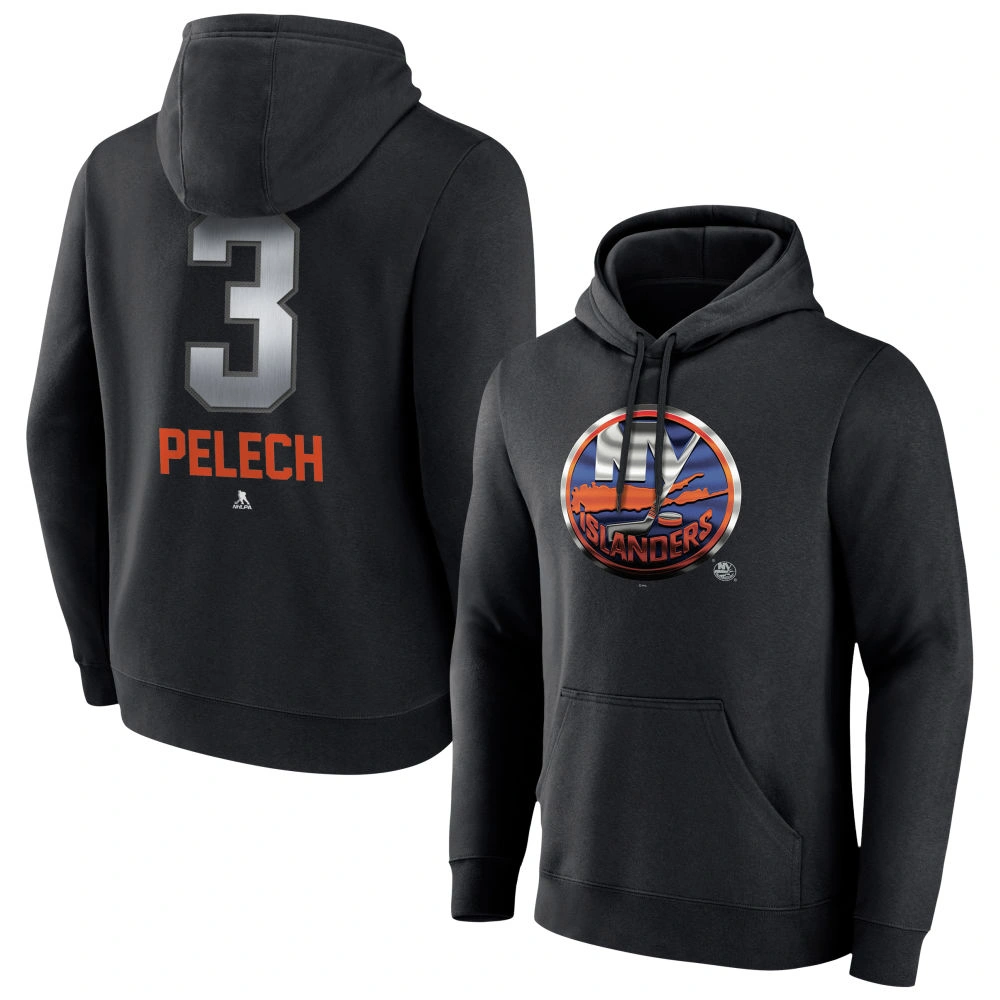 Men's New York Islanders Black Midnight Mascot Logo Adam Pelech Player Pullover Hoodie Men's New York Islanders Black Midnight Mascot Logo Adam Pelech Player Pullover Hoodie
