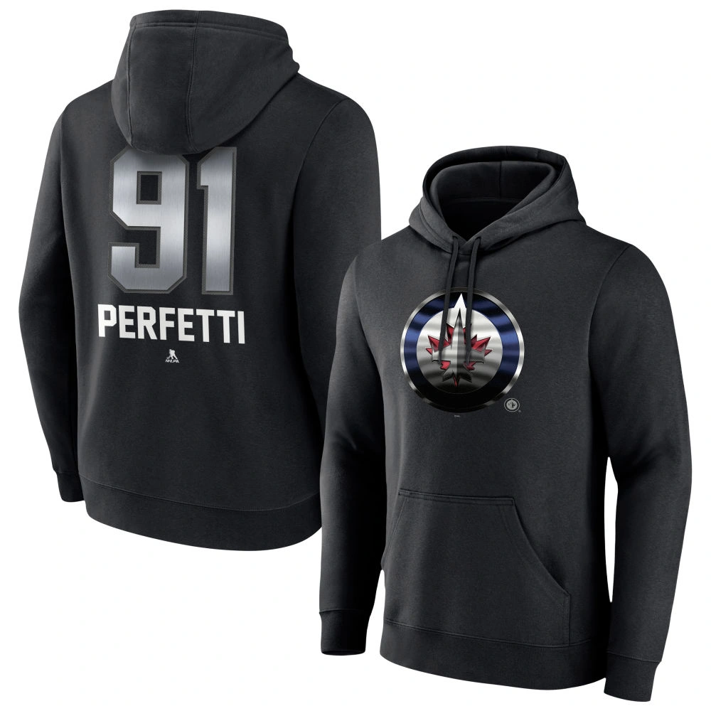 Men's Winnipeg Jets Black Midnight Mascot Logo Cole Perfetti Player Pullover Hoodie