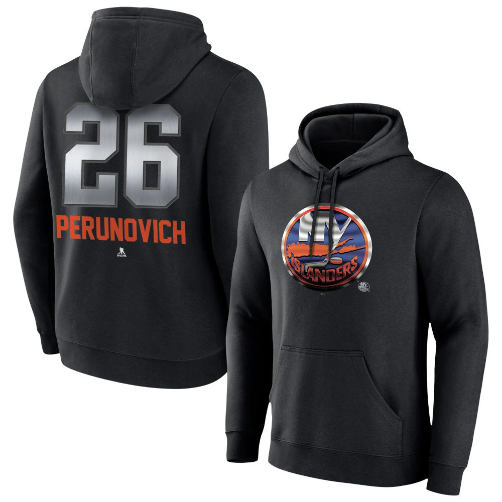 Men's New York Islanders Black Midnight Mascot Logo Scott Perunovich Player Pullover Hoodie Men's New York Islanders Black Midnight Mascot Logo Scott Perunovich Player Pullover Hoodie