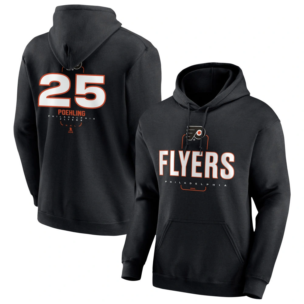 Men's Philadelphia Flyers Black Midfielder Ryan Poehling Player Pullover Hoodie Men's Philadelphia Flyers Black Midfielder Ryan Poehling Player Pullover Hoodie
