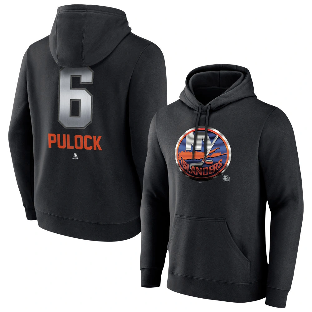 Men's New York Islanders Black Midnight Mascot Logo Ryan Pulock Player Pullover Hoodie Men's New York Islanders Black Midnight Mascot Logo Ryan Pulock Player Pullover Hoodie