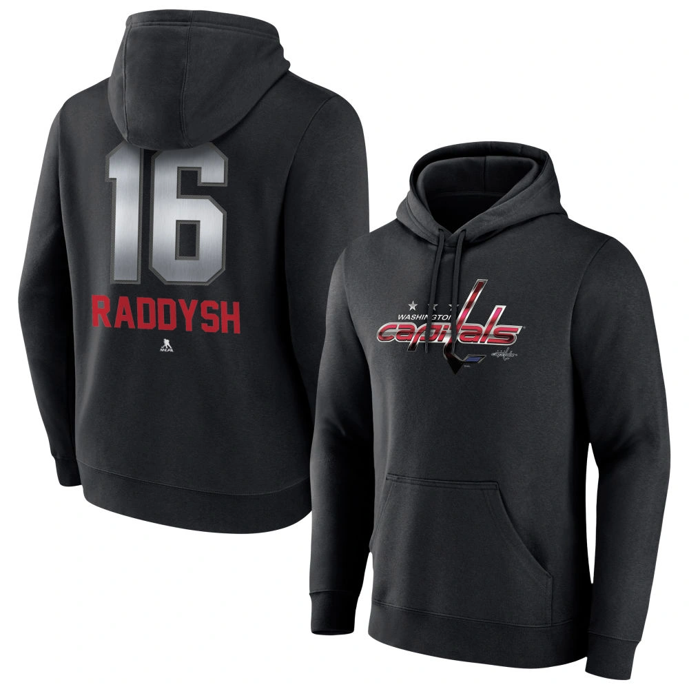 Men's Washington Capitals Black Midnight Mascot Logo Taylor Raddysh Player Pullover Hoodie Men's Washington Capitals Black Midnight Mascot Logo Taylor Raddysh Player Pullover Hoodie