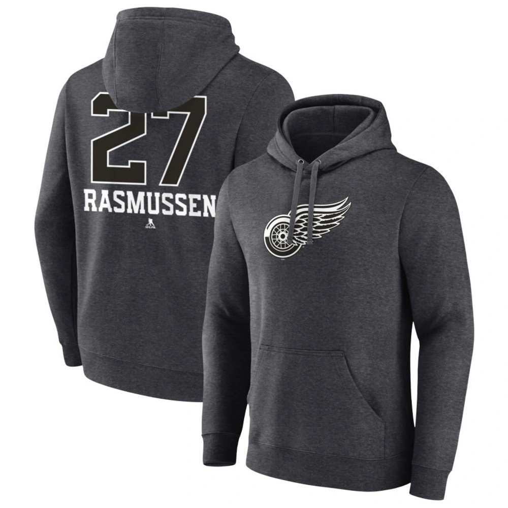 Men's Detroit Red Wings Charcoal Monochrome Michael Rasmussen Player Pullover Hoodie Men's Detroit Red Wings Charcoal Monochrome Michael Rasmussen Player Pullover Hoodie
