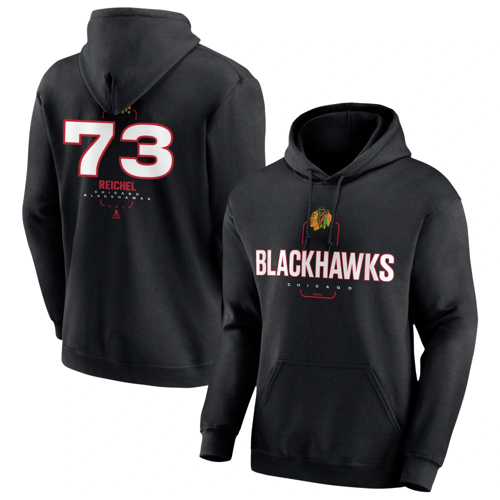 Men's Chicago Blackhawks Black Midfielder Lukas Reichel Player Pullover Hoodie Men's Chicago Blackhawks Black Midfielder Lukas Reichel Player Pullover Hoodie