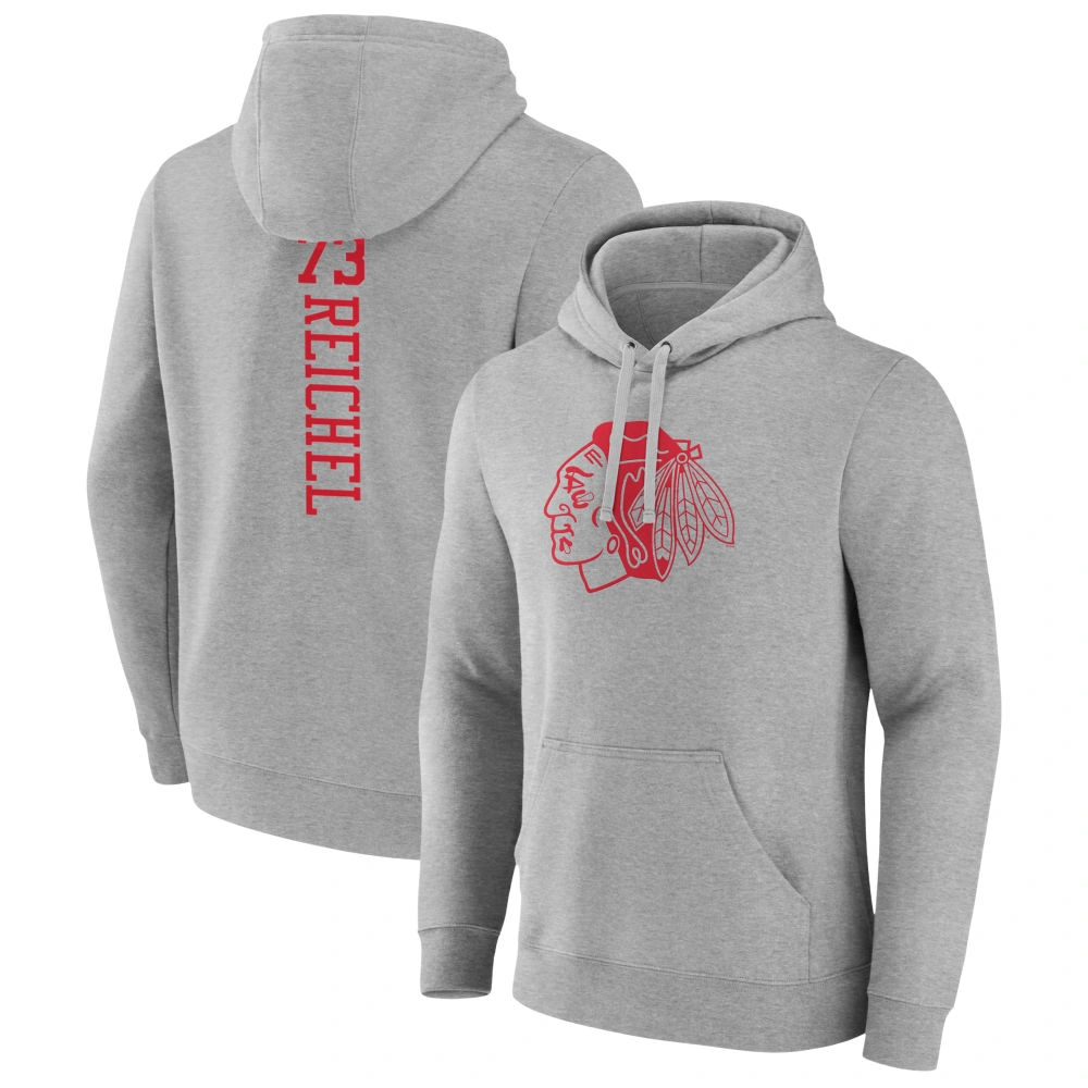 Men's Chicago Blackhawks Heather Gray Lukas Reichel Player Pullover Hoodie Men's Chicago Blackhawks Heather Gray Lukas Reichel Player Pullover Hoodie