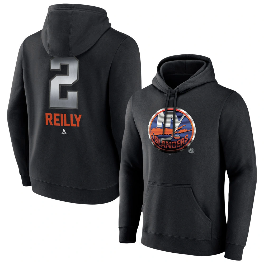 Men's New York Islanders Black Midnight Mascot Logo Mike Reilly Player Pullover Hoodie Men's New York Islanders Black Midnight Mascot Logo Mike Reilly Player Pullover Hoodie