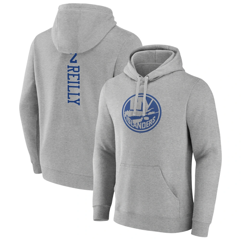 Men's New York Islanders Heather Gray Mike Reilly Player Pullover Hoodie Men's New York Islanders Heather Gray Mike Reilly Player Pullover Hoodie