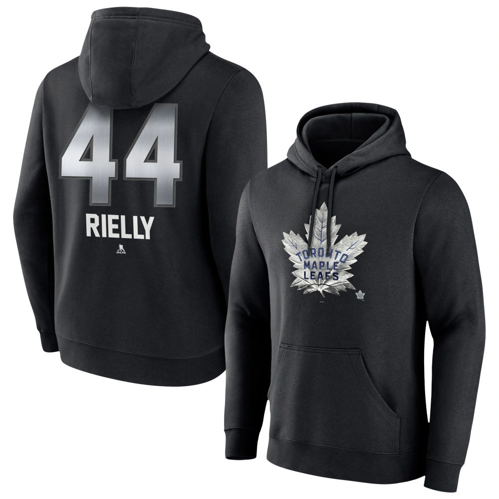 Men's Toronto Maple Leafs Black Midnight Mascot Logo Morgan Rielly Player Pullover Hoodie Men's Toronto Maple Leafs Black Midnight Mascot Logo Morgan Rielly Player Pullover Hoodie