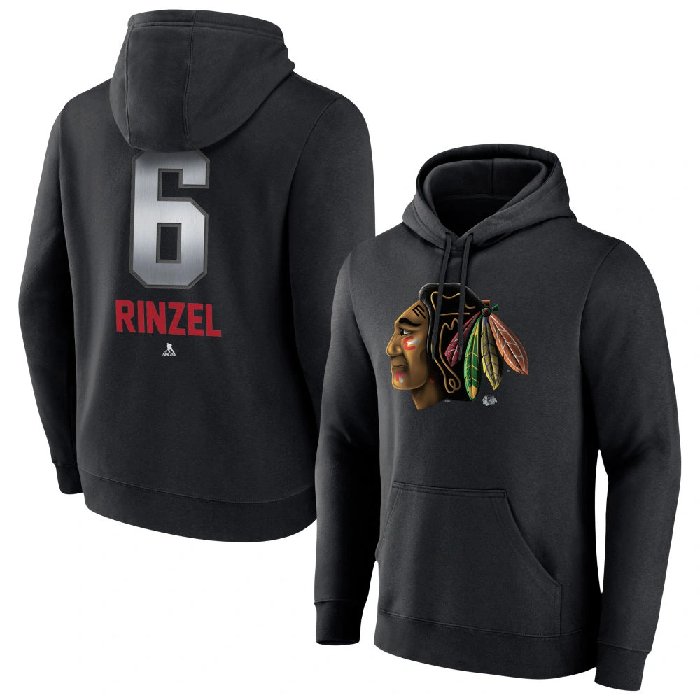 Men's Chicago Blackhawks Black Midnight Mascot Logo Sam Rinzel Player Pullover Hoodie Men's Chicago Blackhawks Black Midnight Mascot Logo Sam Rinzel Player Pullover Hoodie